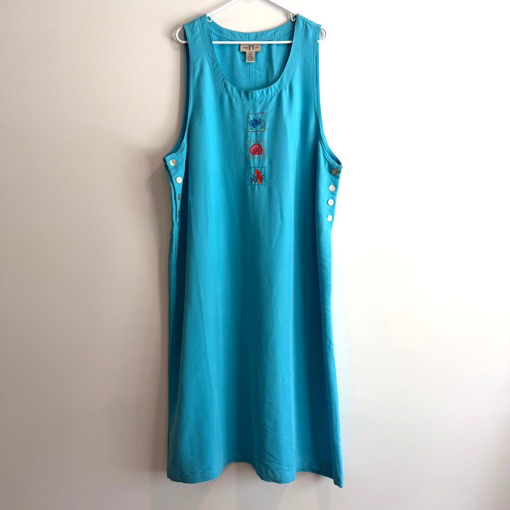 Vintage Original Ty Wear Beach Themed Midi Tank Dress Womens 20W Blue Button